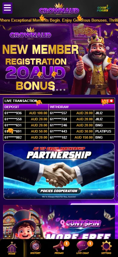 Crownaud Casino home experience on mobile