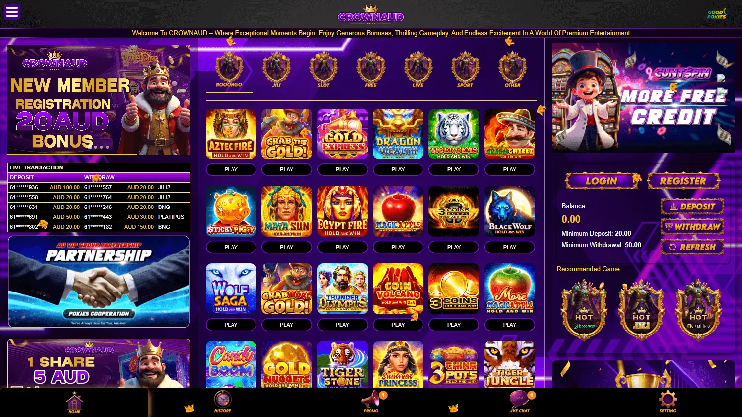 Crownaud Casino home experience on desktop